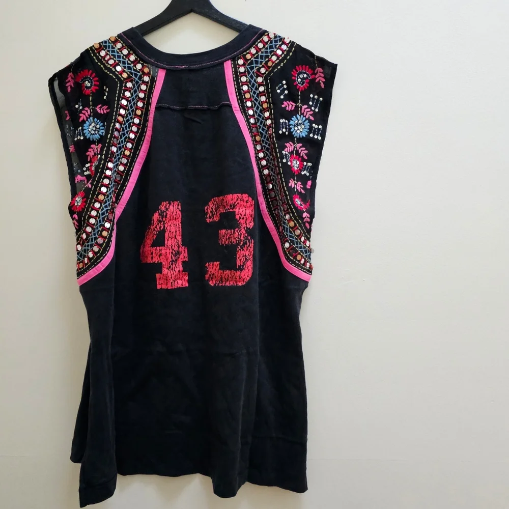 Free People Black Tank Top with Red Accents and Multicolor Embellished Shoulders - Picture 5 of 7